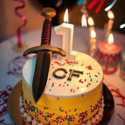 A beautifully decorated birthday cake featuring a prominent number '1' on top, with the letters 'CF' stylishly written below the number