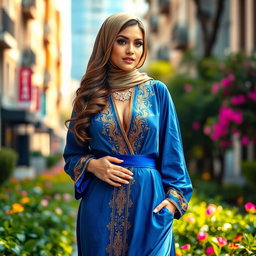 A fashionable woman wearing a stylish and beautifully patterned jilbab, accentuating her curves with ample bosom