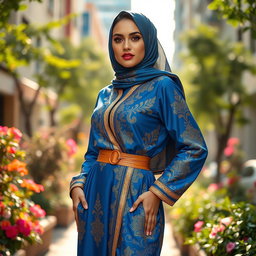 A fashionable woman wearing a stylish and beautifully patterned jilbab, accentuating her curves with ample bosom