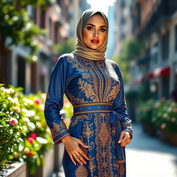A fashionable woman wearing a stylish and beautifully patterned jilbab, accentuating her curves with ample bosom