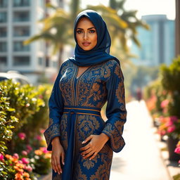 A fashionable woman wearing a stylish and beautifully patterned jilbab, accentuating her curves with ample bosom