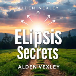 A captivating book cover design titled 'Elipsis Secrets' by Alden Vexley, featuring a realistic serene landscape with a path leading toward a bright horizon, symbolizing transformation