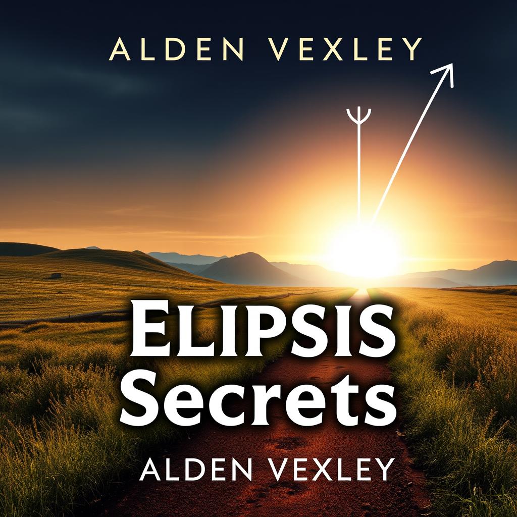A captivating book cover design titled 'Elipsis Secrets' by Alden Vexley, featuring a realistic serene landscape with a path leading toward a bright horizon, symbolizing transformation