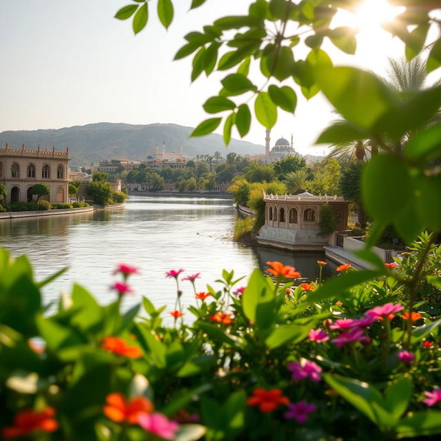 A serene view of the Al-Kawthar River, showcasing its tranquil waters reflecting the sky, surrounded by lush greenery and vibrant flowers