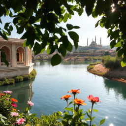 A serene view of the Al-Kawthar River, showcasing its tranquil waters reflecting the sky, surrounded by lush greenery and vibrant flowers