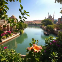A serene view of the Al-Kawthar River, showcasing its tranquil waters reflecting the sky, surrounded by lush greenery and vibrant flowers