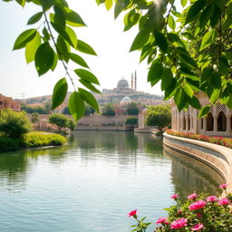 A serene view of the Al-Kawthar River, showcasing its tranquil waters reflecting the sky, surrounded by lush greenery and vibrant flowers