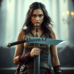 A striking image of a confident woman holding a sword, with the inscription 'Queen_CF' elegantly displayed on the blade
