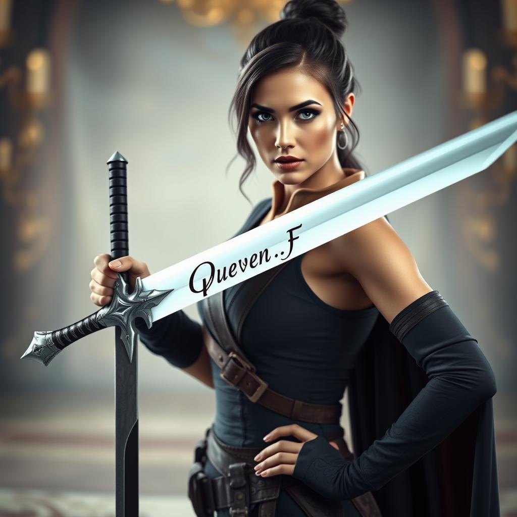 A striking image of a confident woman holding a sword, with the inscription 'Queen_CF' elegantly displayed on the blade