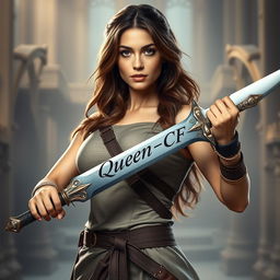 A striking image of a confident woman holding a sword, with the inscription 'Queen_CF' elegantly displayed on the blade