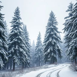 A breathtaking winter landscape featuring a serene snowfall