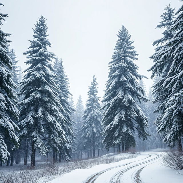 A breathtaking winter landscape featuring a serene snowfall