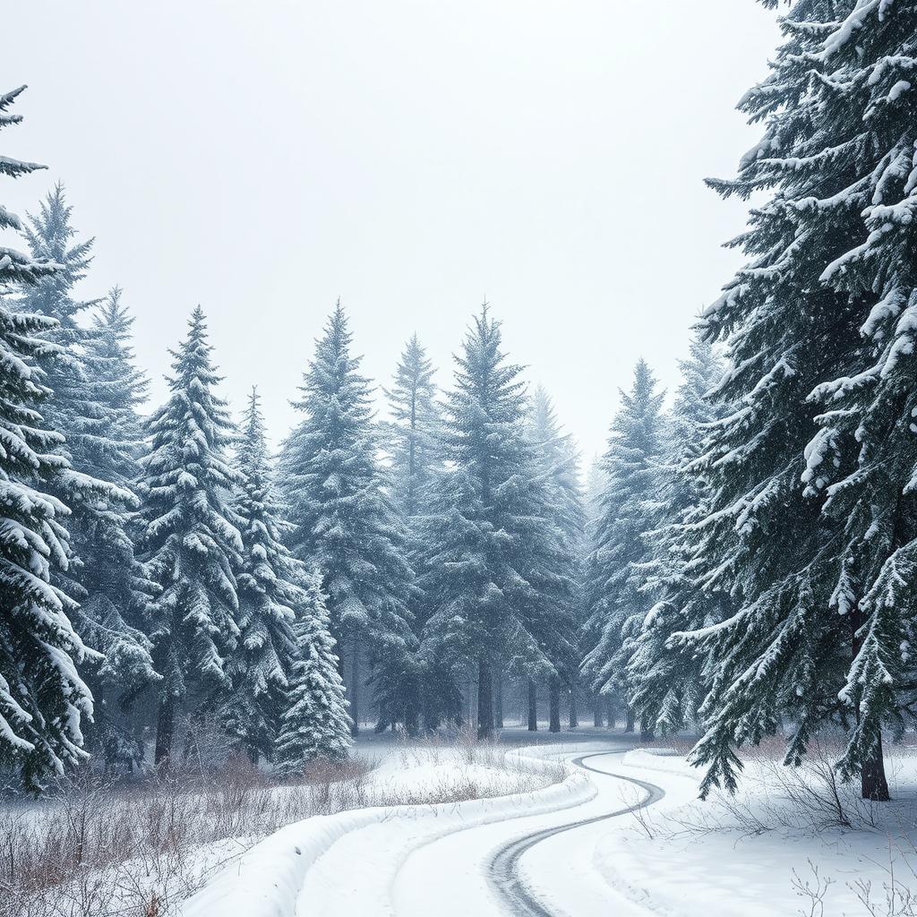A breathtaking winter landscape featuring a serene snowfall