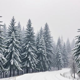 A breathtaking winter landscape featuring a serene snowfall