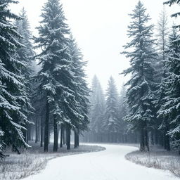 A breathtaking winter landscape featuring a serene snowfall