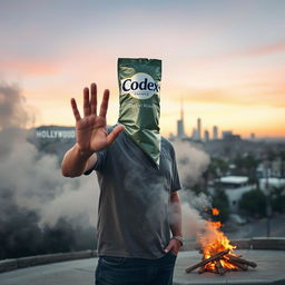 A surreal scene set in the Hollywood neighborhood of Los Angeles