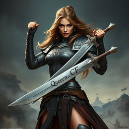 A powerful image of a warrior woman standing confidently, wielding a sword with the inscription 'Queen_CF' elegantly etched on the blade
