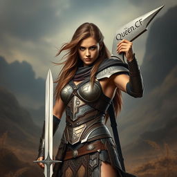 A powerful image of a warrior woman standing confidently, wielding a sword with the inscription 'Queen_CF' elegantly etched on the blade