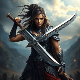 A powerful image of a warrior woman standing confidently, wielding a sword with the inscription 'Queen_CF' elegantly etched on the blade