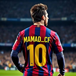 A vivid image of Lionel Messi wearing his FC Barcelona jersey, showcasing his iconic hairstyle and competitive presence