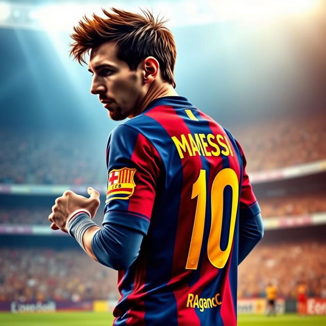 A vivid image of Lionel Messi wearing his FC Barcelona jersey, showcasing his iconic hairstyle and competitive presence