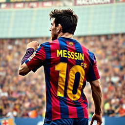 A vivid image of Lionel Messi wearing his FC Barcelona jersey, showcasing his iconic hairstyle and competitive presence