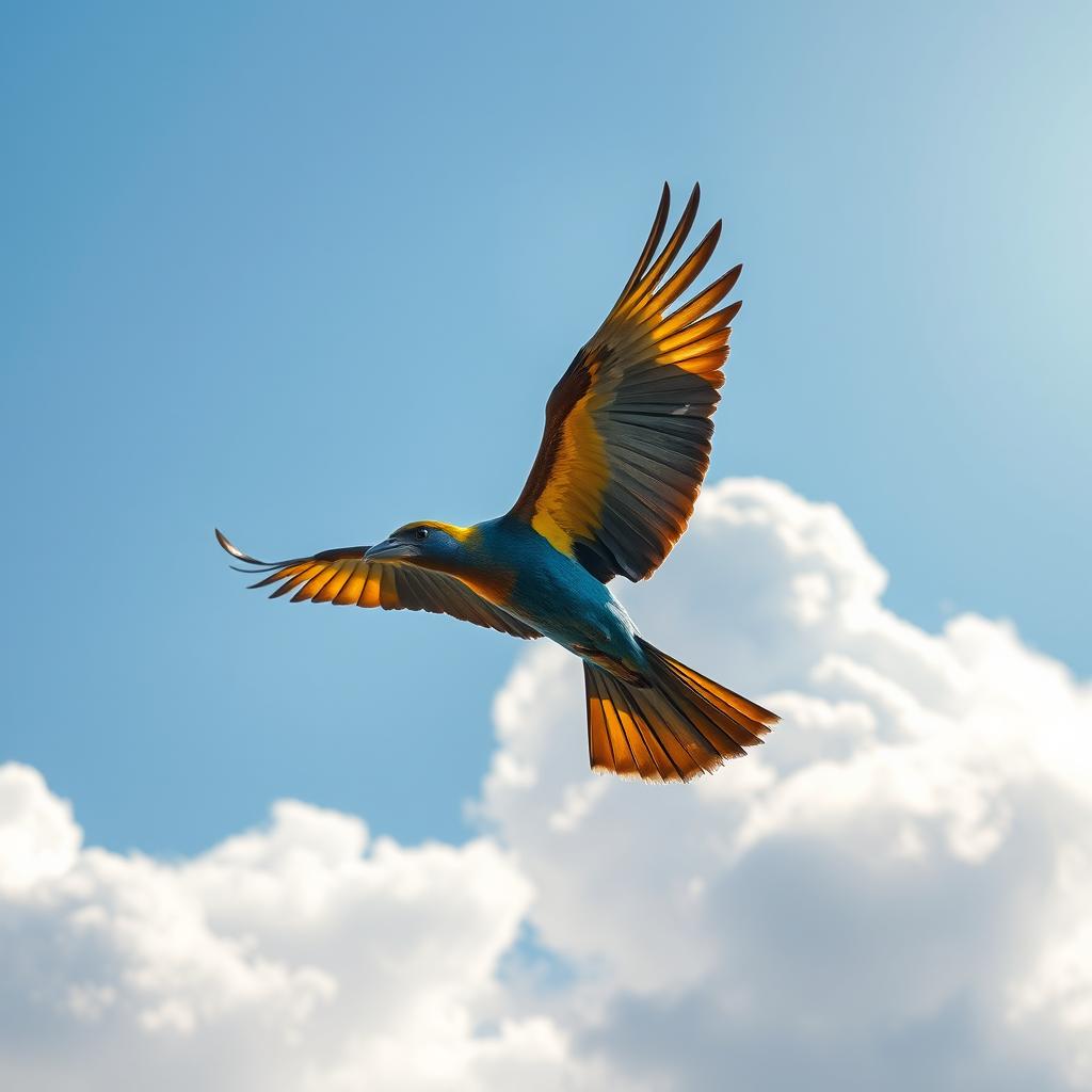 A majestic flying bird soaring through the sky, its wings fully spread, showcasing vibrant feathers in rich hues of blue and gold