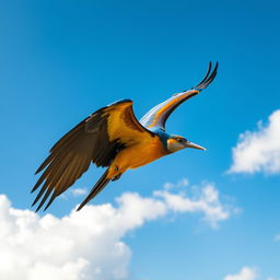 A majestic flying bird soaring through the sky, its wings fully spread, showcasing vibrant feathers in rich hues of blue and gold