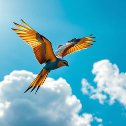 A majestic flying bird soaring through the sky, its wings fully spread, showcasing vibrant feathers in rich hues of blue and gold