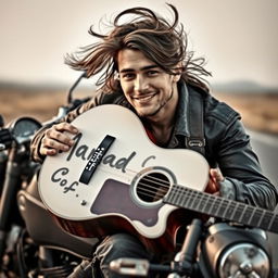 A captivating image of a male motorcycle rider holding a guitar, showcasing a relaxed yet cool demeanor
