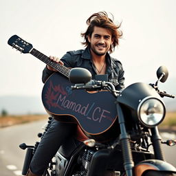 A captivating image of a male motorcycle rider holding a guitar, showcasing a relaxed yet cool demeanor