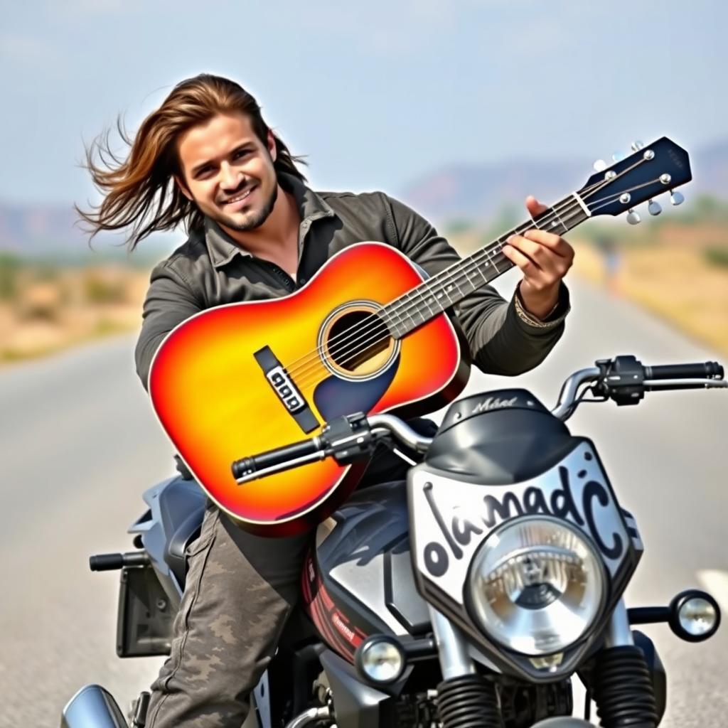 A captivating image of a male motorcycle rider holding a guitar, showcasing a relaxed yet cool demeanor