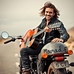 A captivating image of a male motorcycle rider holding a guitar, showcasing a relaxed yet cool demeanor
