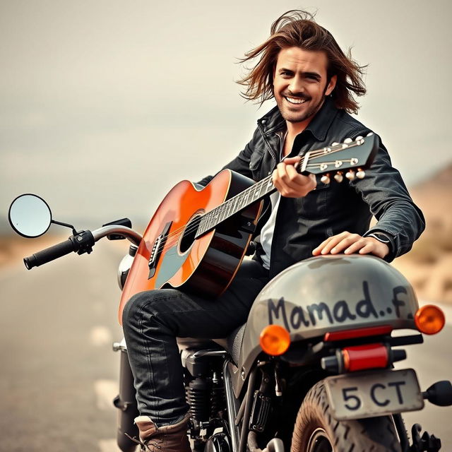 A captivating image of a male motorcycle rider holding a guitar, showcasing a relaxed yet cool demeanor