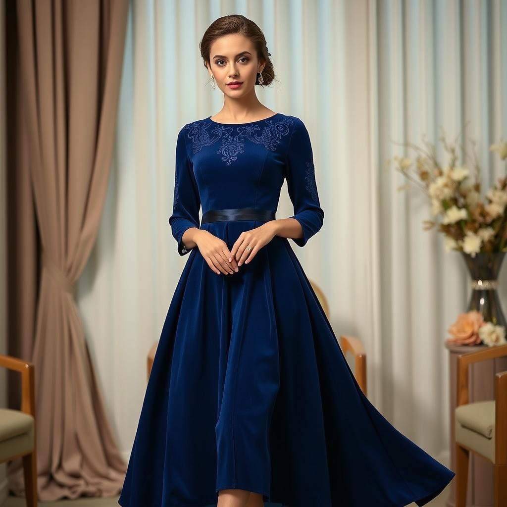 A high-quality formal cord dress with elegant design features, showcasing a luxurious fabric texture