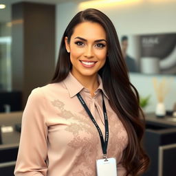 An attractive woman with long, flowing dark hair, wearing an elegant blouse, a stylish necktie, and a professional ID badge