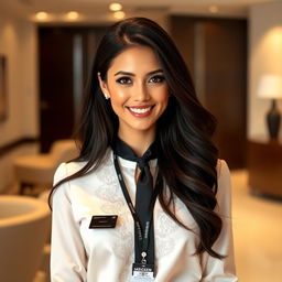 An attractive woman with long, flowing dark hair, wearing an elegant blouse, a stylish necktie, and a professional ID badge