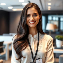 An attractive woman with long, flowing dark hair, wearing an elegant blouse, a stylish necktie, and a professional ID badge