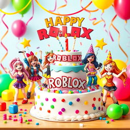 A colorful and vibrant printable design featuring Roblox-themed girl characters enjoying a joyful party scene