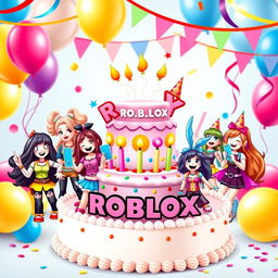 A colorful and vibrant printable design featuring Roblox-themed girl characters enjoying a joyful party scene
