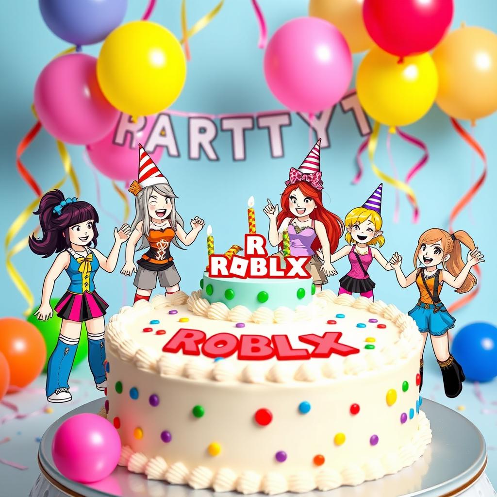 A colorful and vibrant printable design featuring Roblox-themed girl characters enjoying a joyful party scene