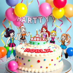 A colorful and vibrant printable design featuring Roblox-themed girl characters enjoying a joyful party scene
