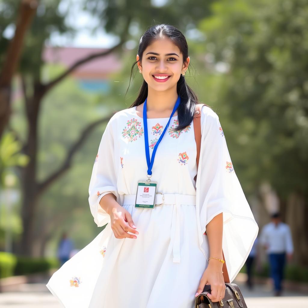 A young woman wearing a flowing white frock adorned with colorful patterns