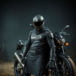 A striking image of a warrior dressed in a sleek black outfit, confidently standing beside a powerful black motorcycle