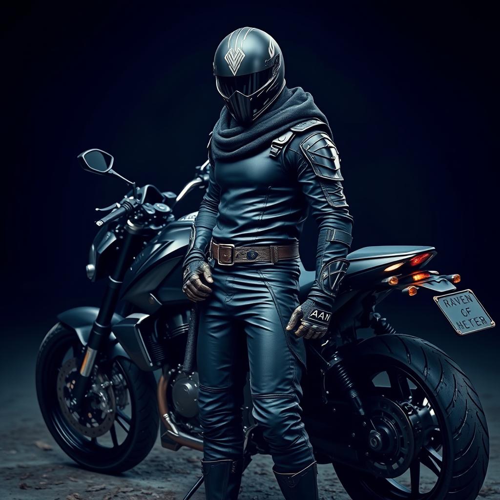 A striking image of a warrior dressed in a sleek black outfit, confidently standing beside a powerful black motorcycle