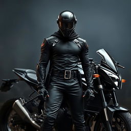 A striking image of a warrior dressed in a sleek black outfit, confidently standing beside a powerful black motorcycle
