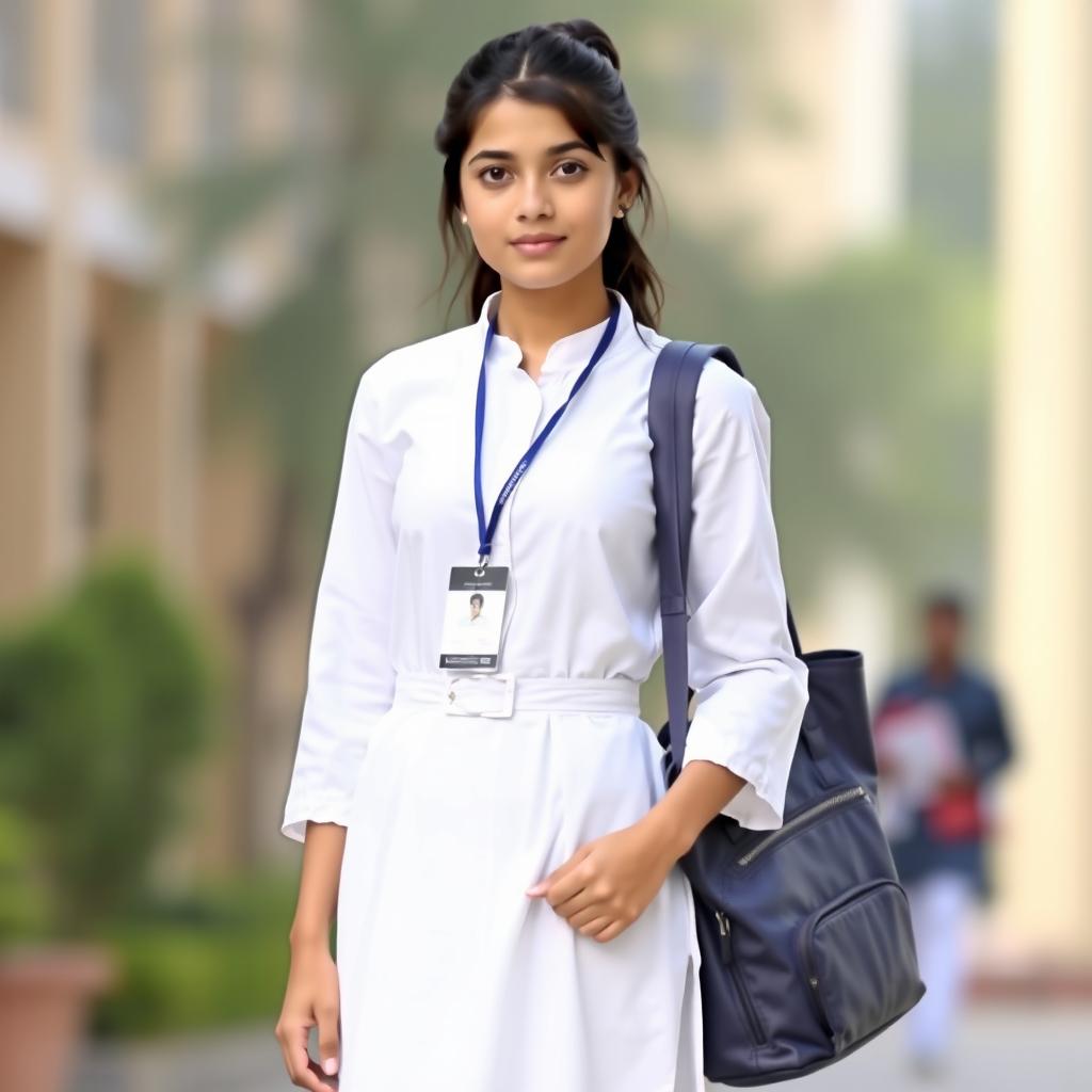 A girl dressed in a pristine white frock with a stylish collar, featuring half sleeves and a matching white cross belt