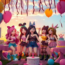 A lively party scene featuring Roblox girls enjoying themselves, dressed in colorful and trendy outfits