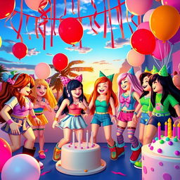 A lively party scene featuring Roblox girls enjoying themselves, dressed in colorful and trendy outfits