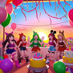 A lively party scene featuring Roblox girls enjoying themselves, dressed in colorful and trendy outfits